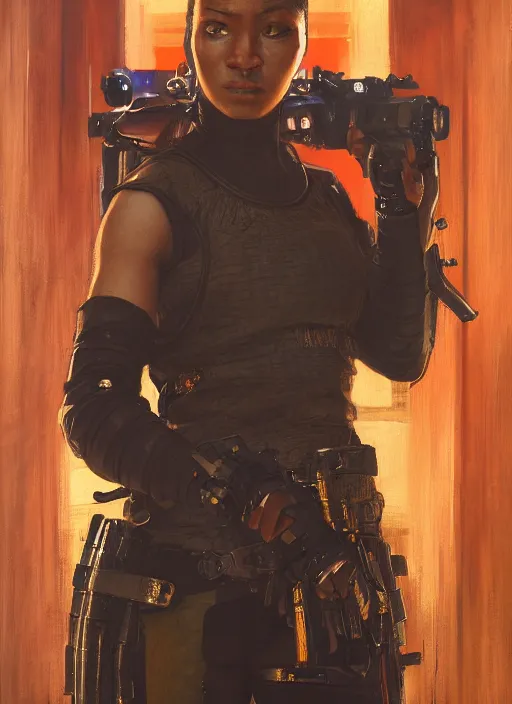 Prompt: Maria Igwe. female Cyberpunk samurai wearing military vest walking through nightclub (blade runner 2049, cyberpunk 2077). Orientalist portrait by john william waterhouse and James Gurney and Theodore Ralli and Nasreddine Dinet, oil on canvas. Cinematic, hyper realism, realistic proportions, dramatic lighting, high detail 4k