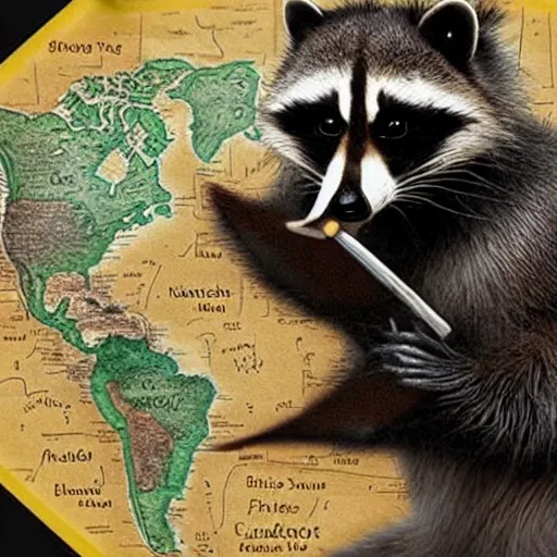 Image similar to an evil moustached raccoon smoking a cigar, gazing over a world map upon which his plans for world domination are drawn out