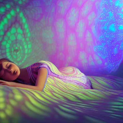 Image similar to photorealistic goddess sleeping in a 4 d dmt world. hyperdetailed photorealism, 1 0 8 megapixels, amazing depth, high resolution, 3 d shading, 3 d finalrender, 3 d cinematic lighting, glowing rich colors, psychedelic overtones, artstation concept art.