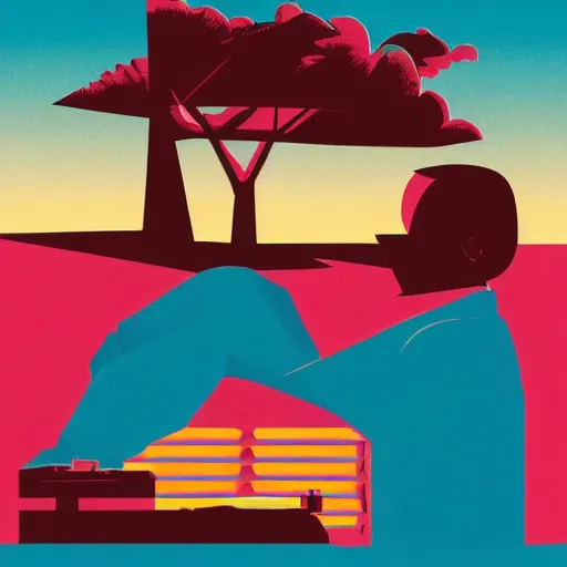 Image similar to early bird catches the worm, sunrise, illustrartive art by Tom Whalen,