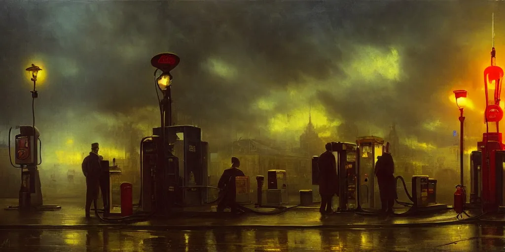 Image similar to a gas station in 1 9 4 0 with yellow and red light in the middle of the night, a men stand up next to the pump, mystical blue fog, oil on canvas, art by andreas achenbach, clemens ascher, tom bagshaw and sabbas apterus,