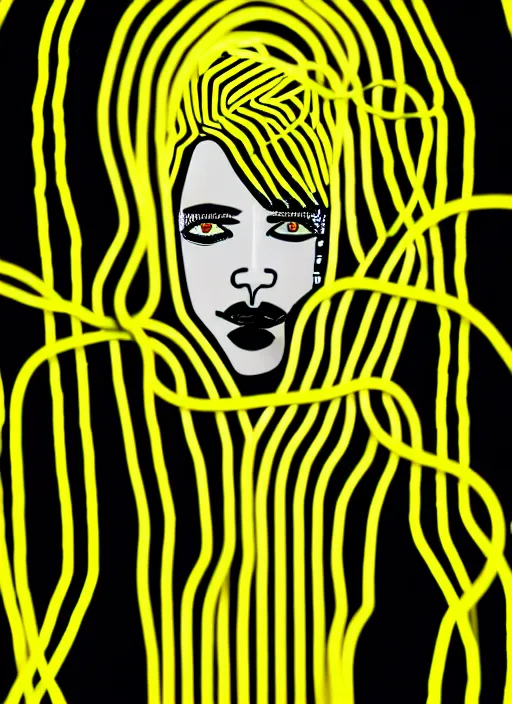 Image similar to highly detailed closeup portrait of wasteland long glowing yellow and white plasma hair tribal lady, stray electric spark wiring by jean jullien, 4 k resolution, gradient yellow, black and white color scheme!!! ( ( dystopian city background ) )