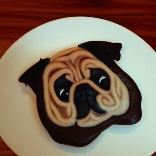 Prompt: A chocolate chip cookie shaped like a pug's head