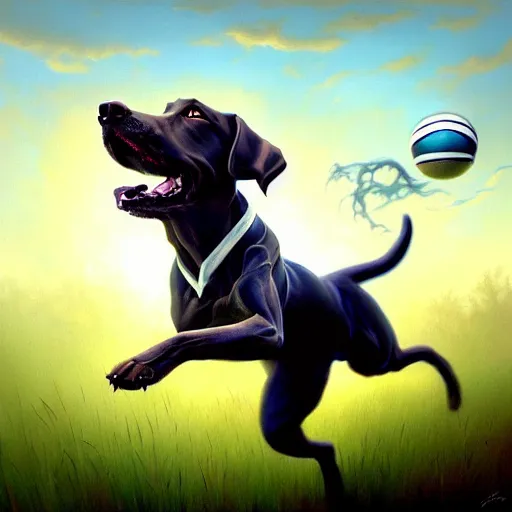 Prompt: Painting of an excited dog chasing after a ball in a playground running through the grass, intricate, elegant, highly detailed, centered, digital painting, artstation, concept art, smooth, sharp focus, illustration, by (Peter Mohrbacher), WLOP