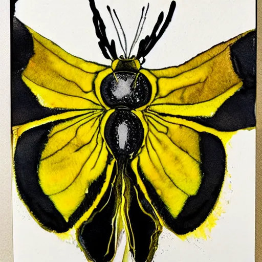Prompt: alcohol ink, ink blott, rorschach test depicting deaths head moth in yellow and black, detailed, symmetrical