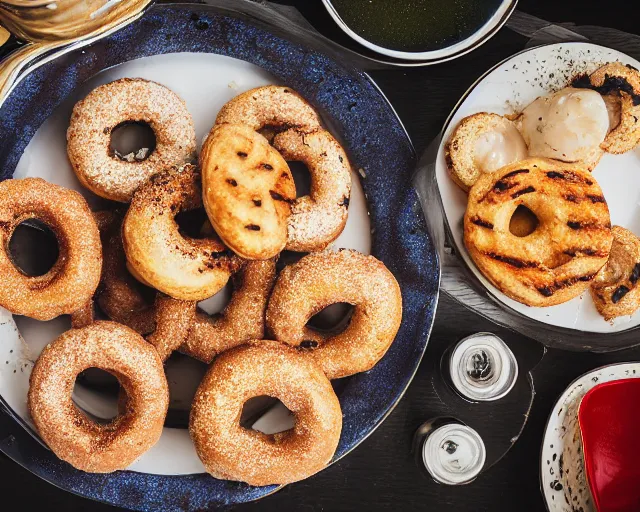 Prompt: 8 5 mm food photography of a plate full of grilled donuts at restaurant with dof and bokeh and wine glasses o