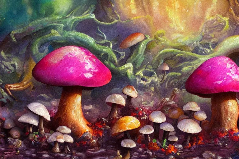 Image similar to highly detailed oil painting of a mushroom lizard in a steaming colorful hotspring, featured on artstation