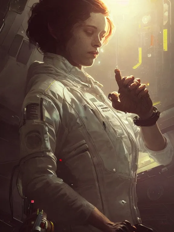 Image similar to portrait of a young female scientist from alien isolation, art by ryo shiotani and greg rutkowski, intricate, beautiful, cute, cinematic lighting, vintage art by serge ivanoff, high resolution, very detailed