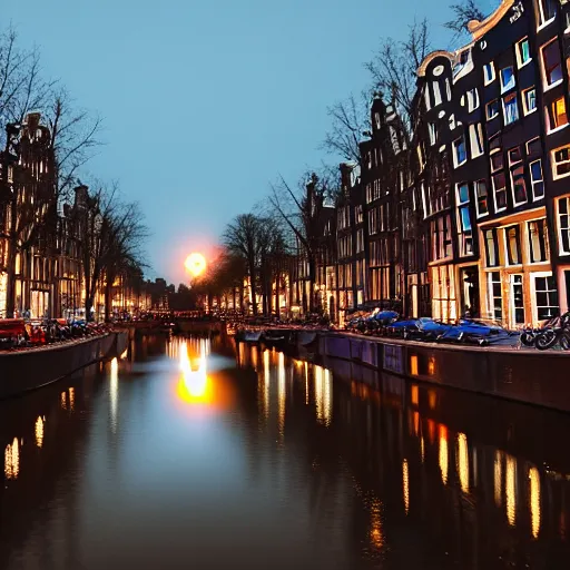 Prompt: Amsterdam at night, futuristic