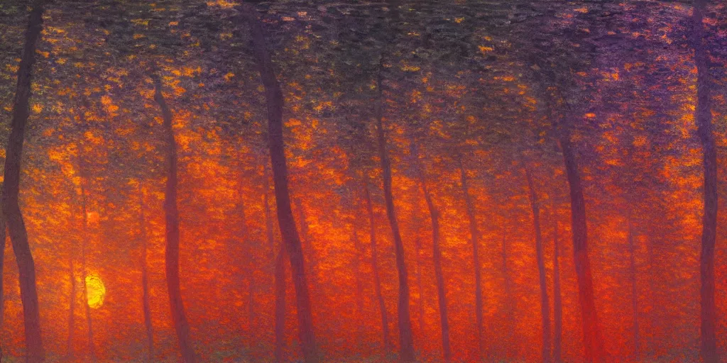 Prompt: An aesthetically pleasing, dynamic, energetic, lively, well-designed digital art of trees inside a forest during sunset, light and shadow, caustics, by Claude Monet, superior quality, masterpiece, excellent use of negative space. 8K, superior detail.