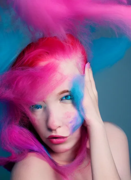 Image similar to a dramatic lighting photo of a beautiful young woman with cotton candy hair. blood splashes with a little bit of cyan and pink