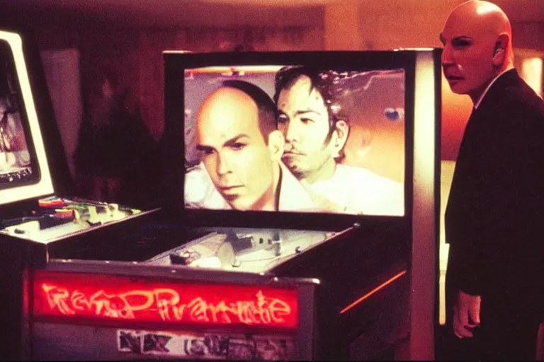 Image similar to pitbull using a computer while trapped in a pinball machine, in 1 9 8 5, y 2 k cybercore, industrial low - light photography, still from a kiyoshi kurosawa movie