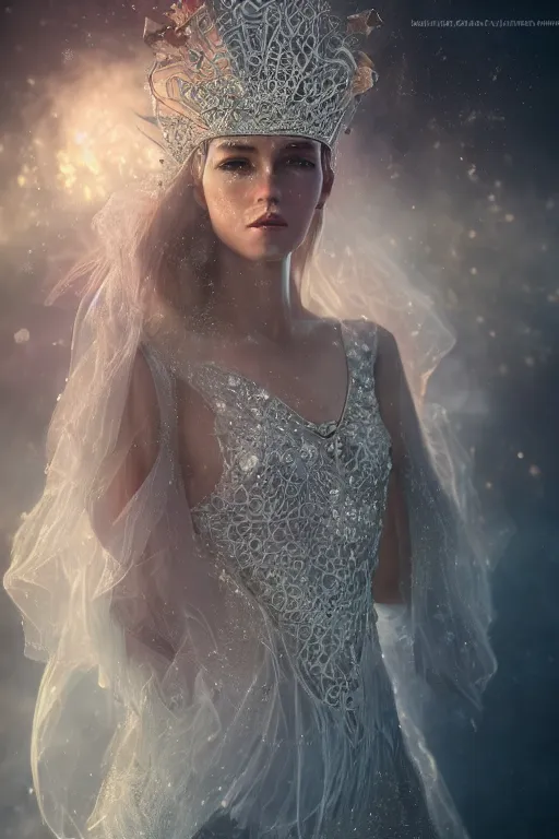 Image similar to Atmospheric detailed photography of a beautiful magician , wearing crystal fractal tiara, Symmetrical composition, fantasy long intricate gown, sharp focus, octane render, high quality, 8k, volumetric lighting, color grading, by Tom Bagshaw and James Jean and Artgerm