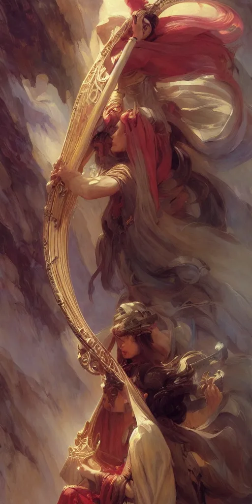 Prompt: beautiful fragile elf bard in robes, playing on a harp, masterpiece , cinematic, powerful, dramatic light, highly, intricate elements, detailed, digital painting, artstation, concept art, sharp focus, illustration, dynamic by Edgar Maxence and Ross Tran and Michael Whelan art by Frank frazetta