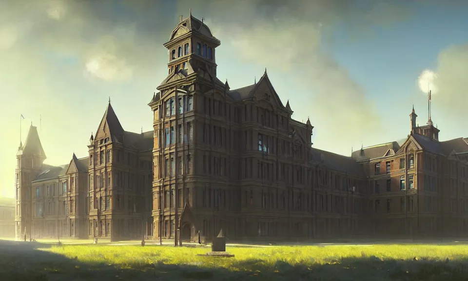 Image similar to a large victorian college building in a town, blue sky, higjly detailed, sunny, volumetric, cinematic lighting, realistic, digital art by greg rutkowski