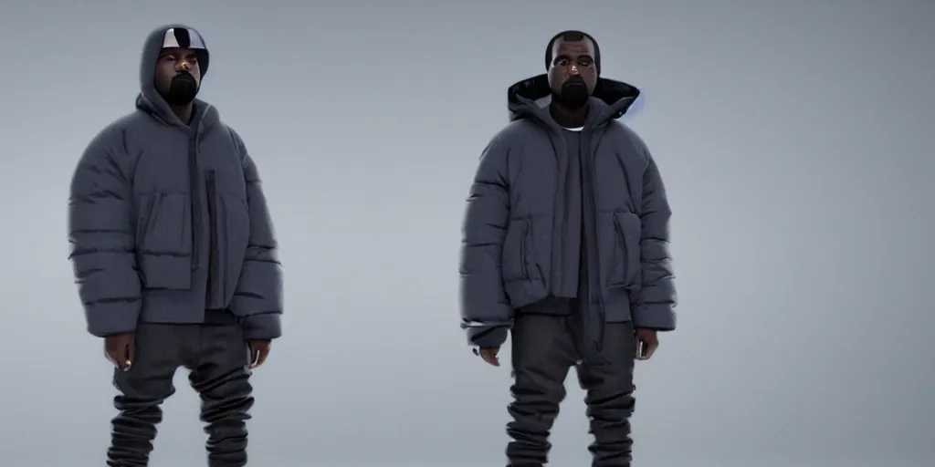 Image similar to kanye west wearing a full black face covering made from a cloth or fabric material, a small, tight and undersized reflective bright blue round puffer jacket made of nylon, reflective jeans pants made of nylon and big black balenciaga rubber boots in 3 d, blender, octane render, 3 d render, realistic, unreal engine, studio light, 4 k, 8 k