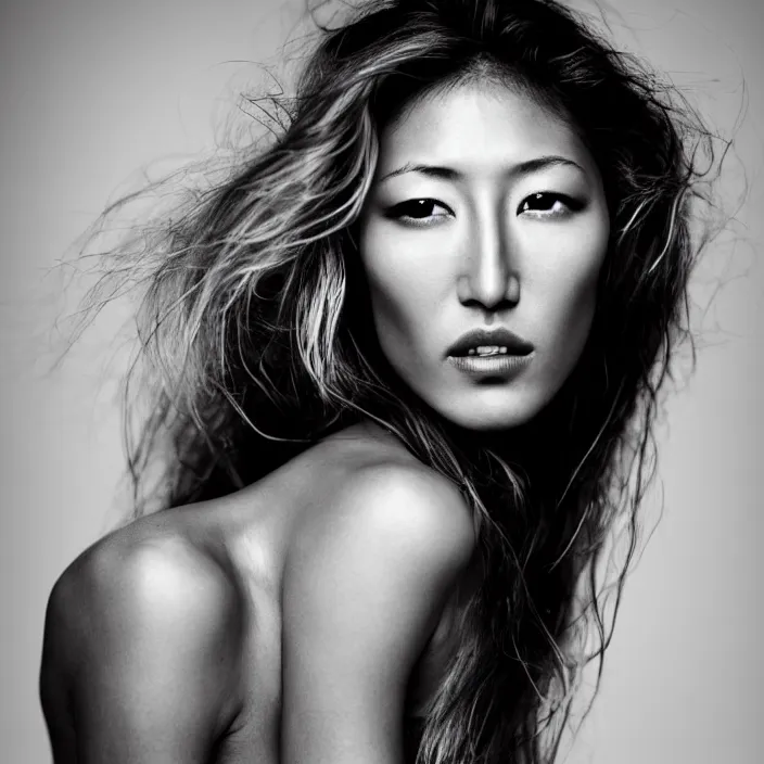 Image similar to young beautiful woman dichen lachman, gorgeous face, black and white photography portrait, skin grain detail, high fashion, full - body, 8 k,, ultra sharp focus, tropical background, photography by richard avedon, and paolo roversi and nick knight, and hellmut newton, victoria siemer, kirsty mitchell, laura zalenga