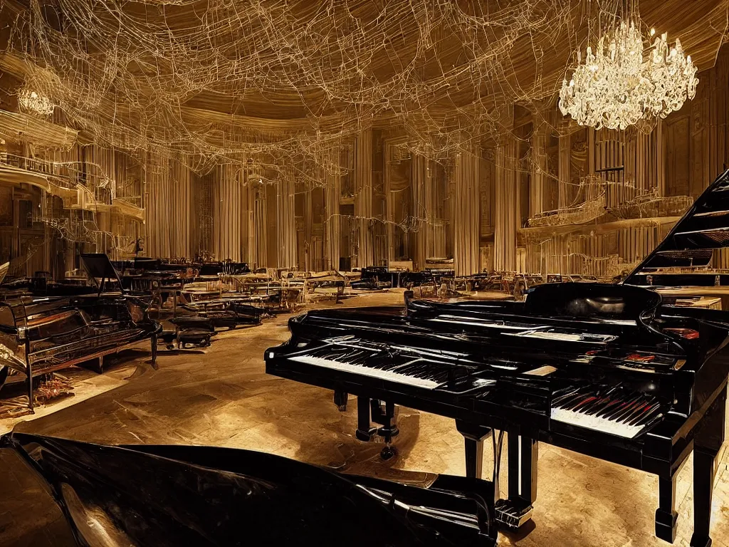 Image similar to “ grand piano encased in spiderwebs that stretch up to the ceiling in an opulent empty concert hall, photorealism, cinematic lighting, dramatic, melancholy, atmospheric ”