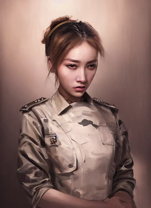 Prompt: female soldier portrait painting by WLOP, game, expensive dress, highly detailed, harper's bazaar, vogue, magazine, fashion, concept art, ornate, luxury, elite, elegant, trending on artstation ,