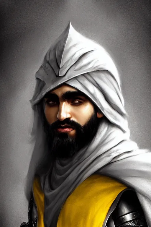 Image similar to Arab man light beard, curly hair, knight, hero, leather armor, yellow and charcoal, character concept art, costume design, black eyes, white horns, trending on artstation, Artgerm , WLOP