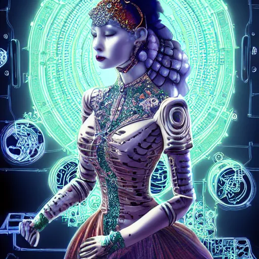 Image similar to the portrait of an absurdly graceful, sophisticated, fashionable ottomanpunk robotess idol, an ultrafine hyperdetailed illustration by kim jisu, intricate linework, neon wiring, porcelain skin, unreal engine 5 highly rendered, global illumination, radiant light, detailed and intricate environment, by rutkowski, artgerm,