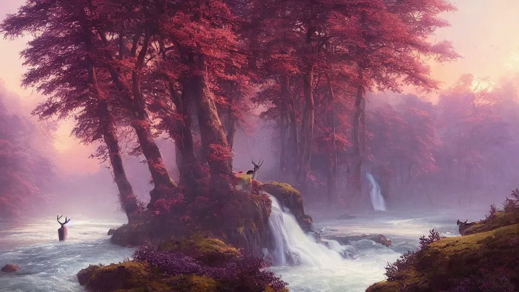 Prompt: the most beautiful panoramic landscape, oil painting, where a giant dreamy waterfall creates a river, the trees around are starting to bloom in purple colors, a majestic deer is in close - up and it is exhaling steam, the ray lights of the sunrise are brightening him, by greg rutkowski