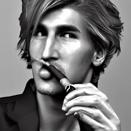 Image similar to a closeup photo of handsome gigachad xqc smoking a cigar, 8k photorealism, extremly detailed, trending on artstation