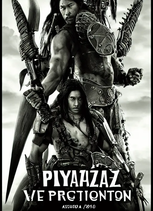 Image similar to movie film poster art for hiroyuki sanada vs predator. in the style of ansel adams, frank frazzetta, warcraft