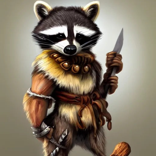 Prompt: raccoon dressed as a barbarian, fantasy, mythical, cute, trending on artstation