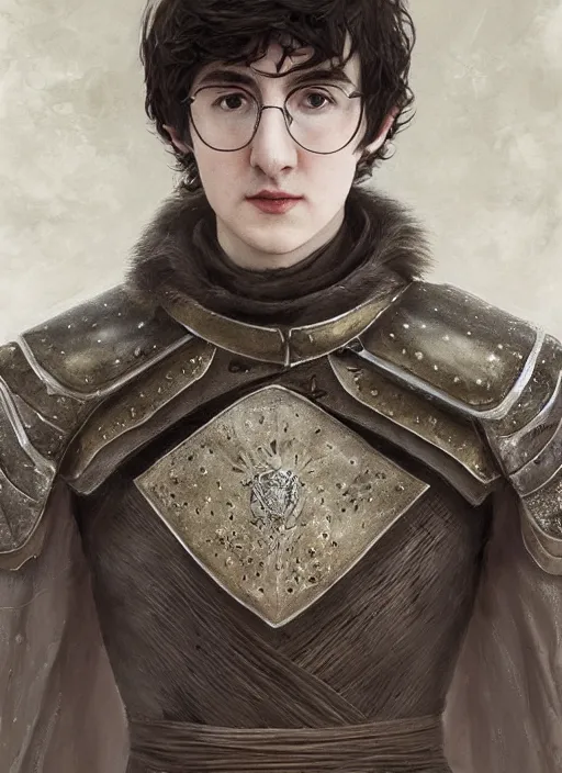 Image similar to a professional painting of Isaac Hempstead-Wright as King, clothed in ethereal armor, olive skin, long dark hair, beautiful bone structure, symmetrical facial features, intricate, elegant, digital painting, concept art, smooth, sharp focus, illustration, from Game of thrones, by Ruan Jia and Mandy Jurgens and Artgerm and William-Adolphe Bouguerea