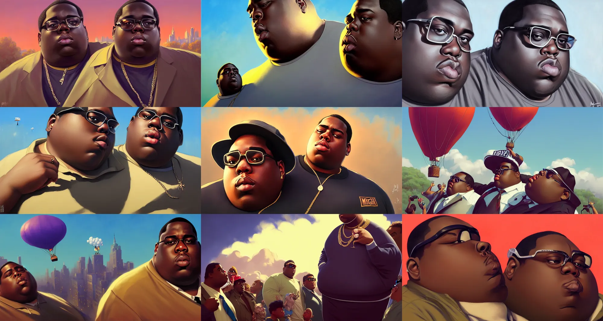 Prompt: the notorious b. i. g. as a blimp, animation pixar style, shaded lighting poster by magali villeneuve, artgerm, jeremy lipkin and michael garmash, rob rey and kentaro miura style, trending on art station