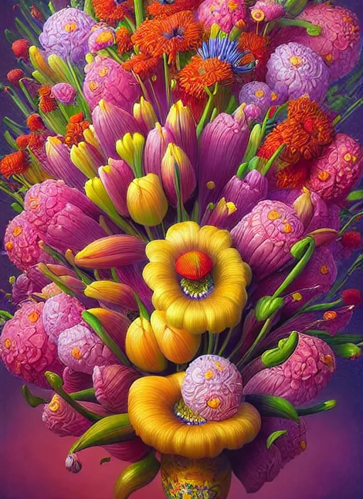 Prompt: hyper detailed 3d octane render illustration like a Oil painting - a vivid exotic flower bouquet, long petals, huge blossoms, by Jacek Yerka, Mariusz Lewandowski, Laszlo generative render, long brush strokes, Masterpiece, Edward Hopper and James Gilleard, Zdzislaw Beksinski, Mark Ryden, Wolfgang Lettl, hints of Yayoi Kasuma, octane render, 8k