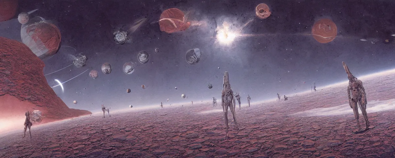 Prompt: space panorama by wayne barlowe