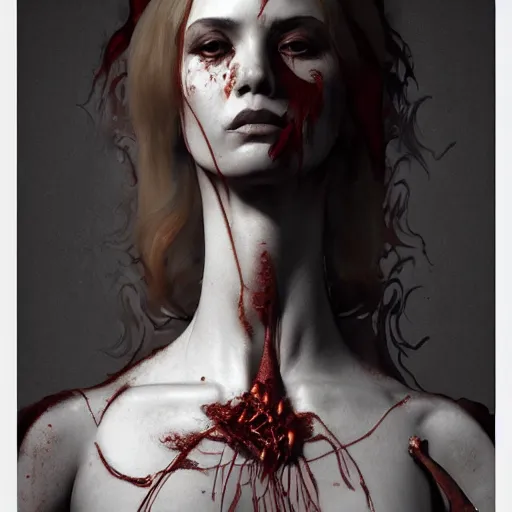 Image similar to sculpture of a woman, gloomy, blood, fire, intricate, elegant, highly detailed, digital painting, artstation, concept art, matte, sharp focus, illustration, octane render, unreal engine, art by aenaluck and roberto ferri and greg rutkowski, epic fantasy, digital painting