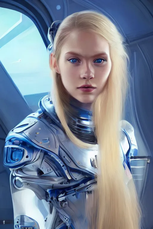 Prompt: portrait futuristic beautiful northern europe Airforce armored pilot Girl, long blonde hair, blue eyes, at inside of future fighter aircraft, ssci-fi, fantasy, intricate, very very beautiful, elegant, human anatomy, neon light, highly detailed, digital painting, artstation, concept art, soft light, smooth, sharp focus, illustration, art by tian zi and WLOP and alphonse mucha