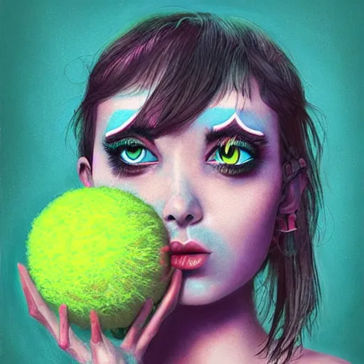 Image similar to Lofi vaporwave portrait tennis ball monster,chalk, Pixar style, Tristan Eaton, Stanley Artgerm, Tom Bagshaw