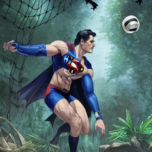 Image similar to batman and superman are playing volleyball in a jungle, volleyball in the air, volleyball net, in the style of greg rutkowski and artgerm, high detail