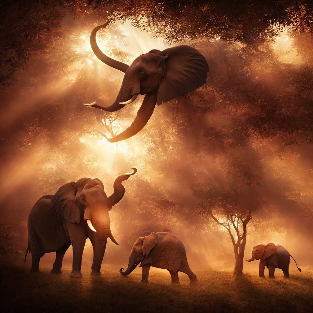 Image similar to one elephant in a wooden house, red crystal, art station, volumetric lighting, beautiful, golden hour, sharp focus, ultra detailed, concept art