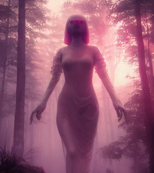 Prompt: daydreaming of the maiden with fuidity transparent dress in the blockchain cyberpunk forest by maciej kuciara, majestic light, octane render, beauty fog, ethereal glare of the sun, raining rainbow, volumetric lighting, hyperealistic, epic, masterpiece