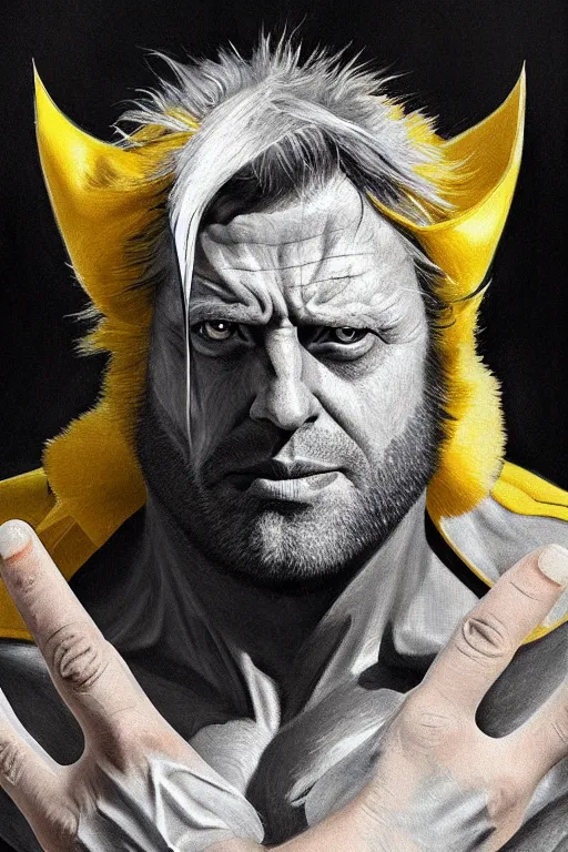 Image similar to Boris Johnson as Wolverine, portrait, yellow X man costume, highly detailed, digital painting, artstation, concept art, smooth, sharp focus, illustration, cinematic lighting, art by artgerm and greg rutkowski and alphonse mucha