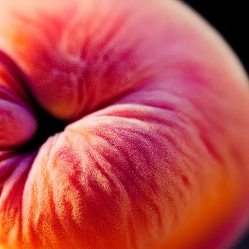 Image similar to a macro photo of a round peach's dry hairy skin, hyper realistic, hyper detailed, 35mm, very grainy film, pink volumetric studio lighting, bokeh, black background award winning shot, vogue magazine, cinematic, 8k, very closeup, elegant, tender, pastel