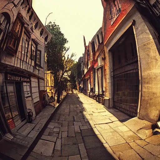 Prompt: 1 5 th century!!!!! town street, cinematic photography, fisheye!!!!! lens, ( ( ( ( ( worm's - eye view ) ) ) ) ), illustrated by max hay, artstation, cgsociety contest winner, dramatic lighting, vignette