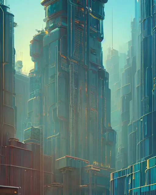 Prompt: beautiful painting of a massive cyberpunk building inspired by jules verne, art by mike winkelmann and by petros afshar,, golden hour, illustration, highly detailed, simple, smooth and clean vector curves, no jagged lines, vector art, smooth, artstation