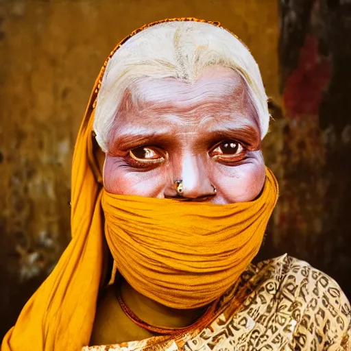 Image similar to realistic expired fuji film portrait of happy albino india hijra woman mix, marigold celestial vibe, hyperrealism, hypermaxiymalism, photorealistic, detailed, atmospheric, 8 k, award winning photography, cinematic