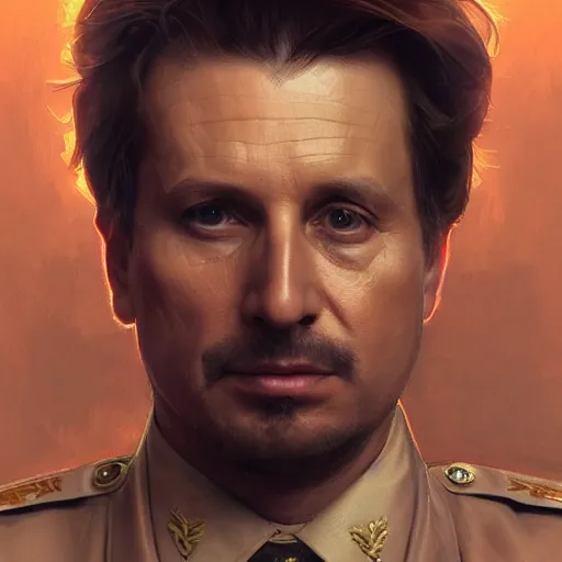 Image similar to Portrait of Michael Cimino as a military officer, intricate, headshot, highly detailed, digital painting, artstation, concept art, sharp focus, cinematic lighting, illustration, art by artgerm and greg rutkowski, alphonse mucha, cgsociety