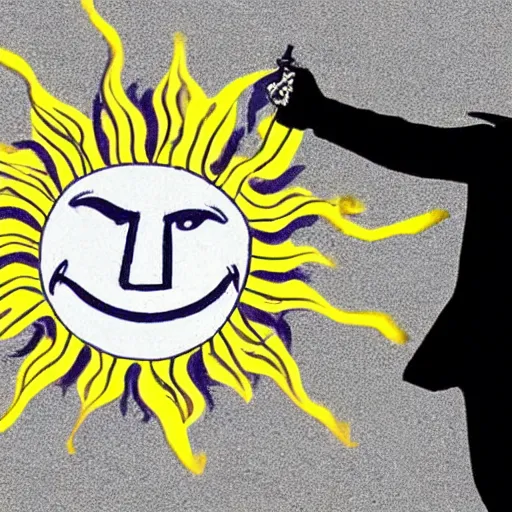 Prompt: the sun crying, man pointing weapon at it