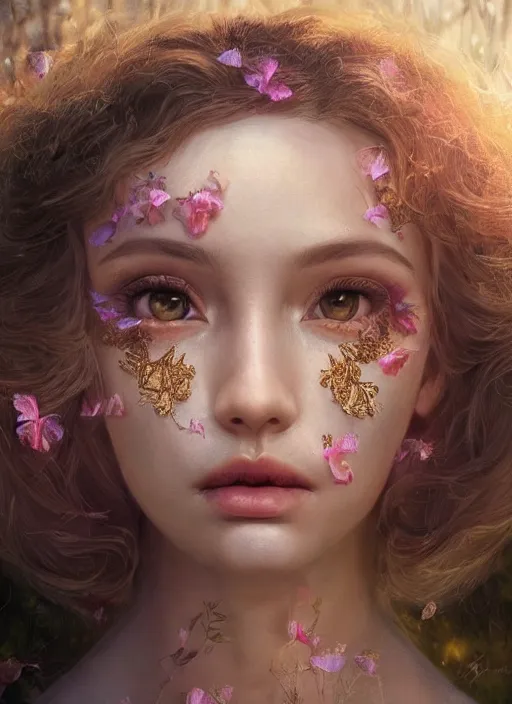 Image similar to stunningly beautiful face, prima ballerina in rose garden, symmetrical face, tutu, golden hour, smooth, focus, highly detailed, hyper realistic, dramatic lighting, elegant, intricate, concept art, art by wlop, mars ravelo, greg rutowski, artstation