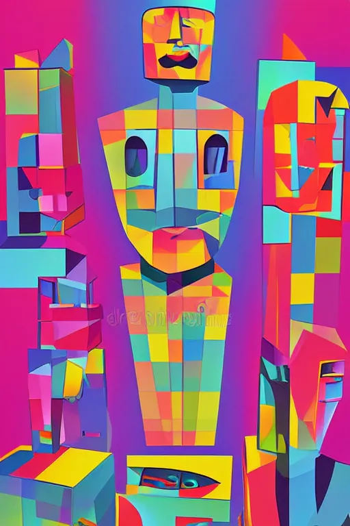 Image similar to cubist moai statue cutout digital illustration cartoon colorful beeple