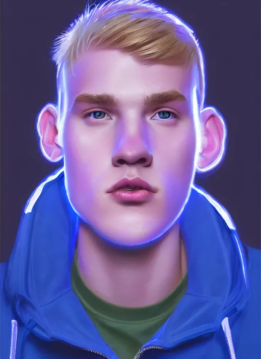 Image similar to portrait of high school senior boy named big moose, blonde short hair, jock, beefy, wide face, square jaw, square facial structure, blue varsity jacket with his name, intricate, elegant, glowing lights, highly detailed, digital painting, artstation, concept art, sharp focus, illustration, art by wlop, mars ravelo and greg rutkowski