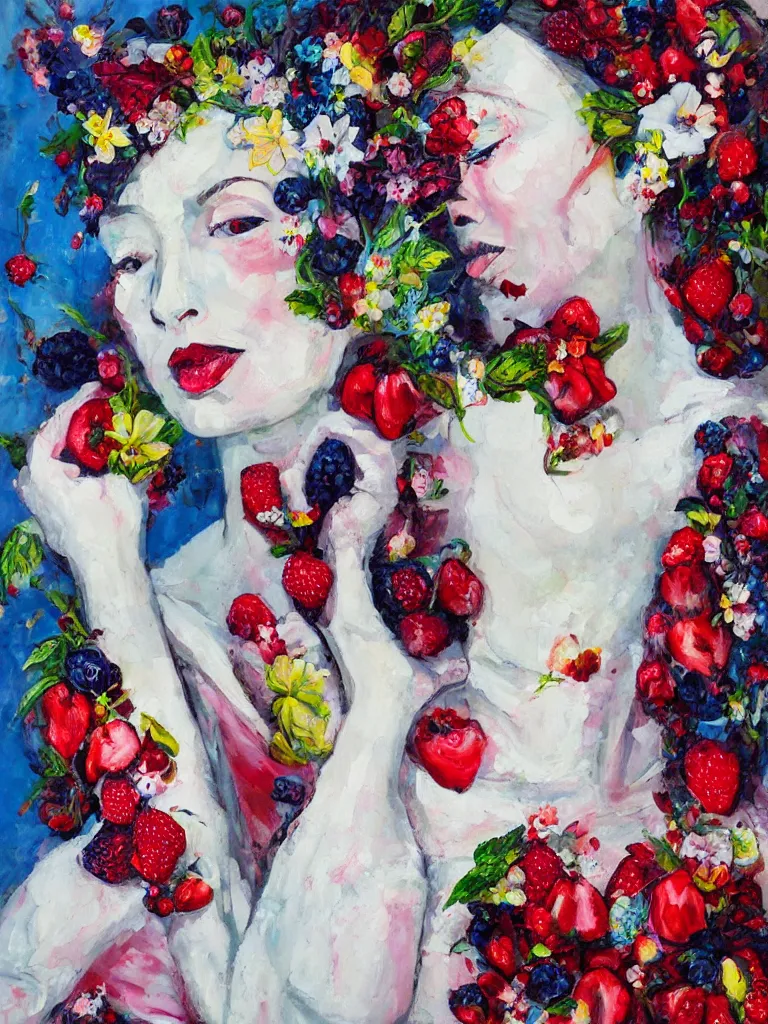 Prompt: “organic, portrait of a woman wearing white silk, neoexpressionist, eating luscious fresh raspberries and strawberries and blueberries, edible flowers, acrylic and spray paint and oilstick on canvas”